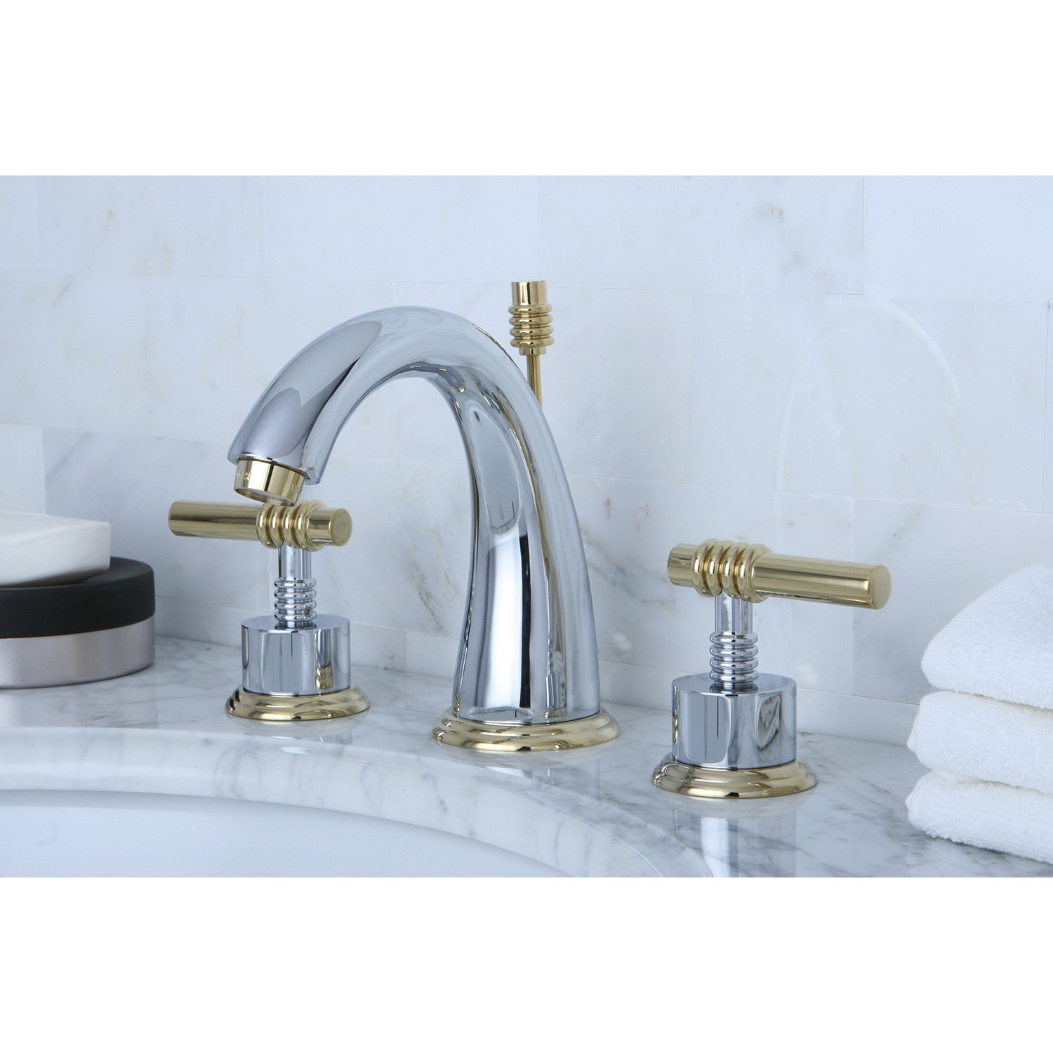 Kingston Tulare KS2964ML - Milano Two-Handle 3-Hole Deck Mount Widespread Bathroom Faucet with Brass Pop-Up, Polished Chrome/Polished Brass — thumbnail 3